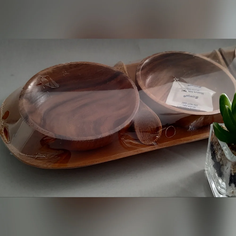 Wood Tray With Spoons  Condiments Server Platter Style  3 Containers  New